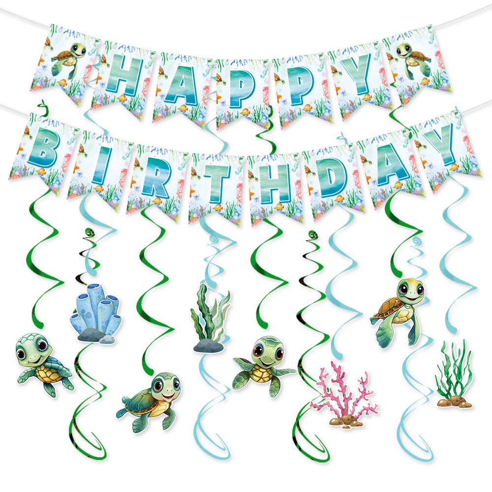 Transfronterizos nuevos tortugas tema de fiesta de cumpleaños conjunto de decoración de bandera espiral diseño de decoración de fiesta de cumpleaños