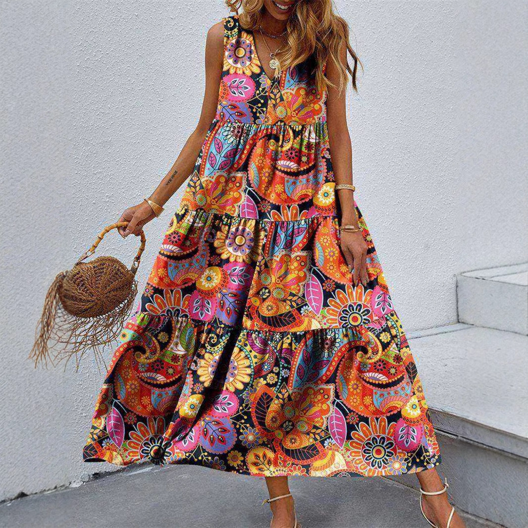 女士大码外贸拼色复古连衣裙 跨境春秋宽松休闲时尚中长连衣裙