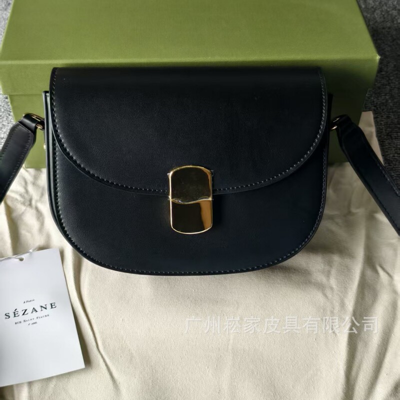 French Cross-Border Popular Sezane Saddle Bag Women's High-End Fashion Leather Metal Lock Bag Shoulder Crossbody