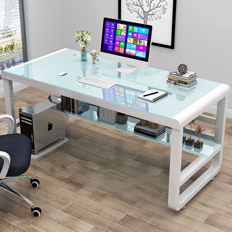 Computer Desk, Simple Modern Desktop, Economical Tempered Glass Office Desk with Storage Rack, Student Writing Desk