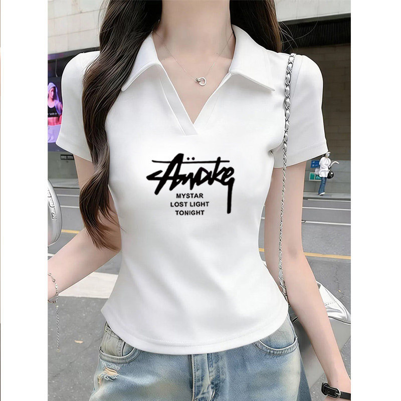 Ribbed cotton polo shirt with turn-down collar, short sleeve, V-neck, summer style, fashionable, elegant, slim fit, versatile short top.