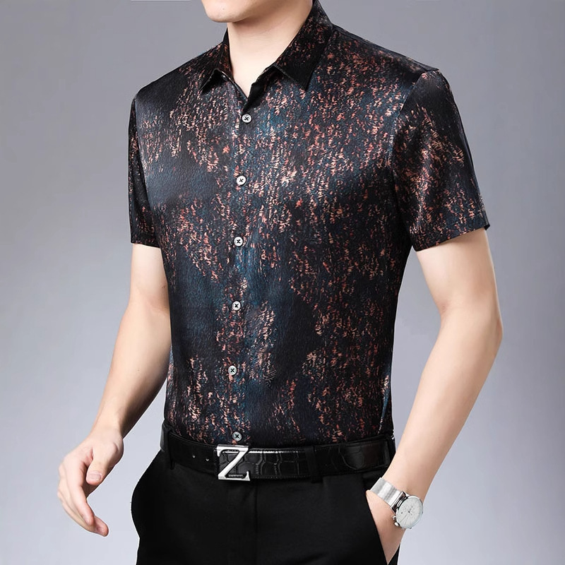 Mulberry Silk Starry Sky Blue Style 2015 High-End Business Casual Men's Short-Sleeved Shirt Breathable Casual Fashion