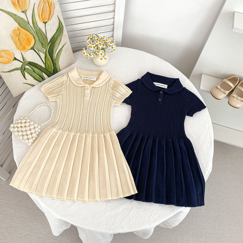 2026 New Style Girls' Knitted Dress Summer Style Preppy Style Lapel Short-Sleeved Pleated Skirt Baby Fashionable Princess 2026 New Style Girls' Knitted Dress Summer Style Preppy Style Lapel Short-Sleeved Pleated Skirt Baby Fashionable Princess