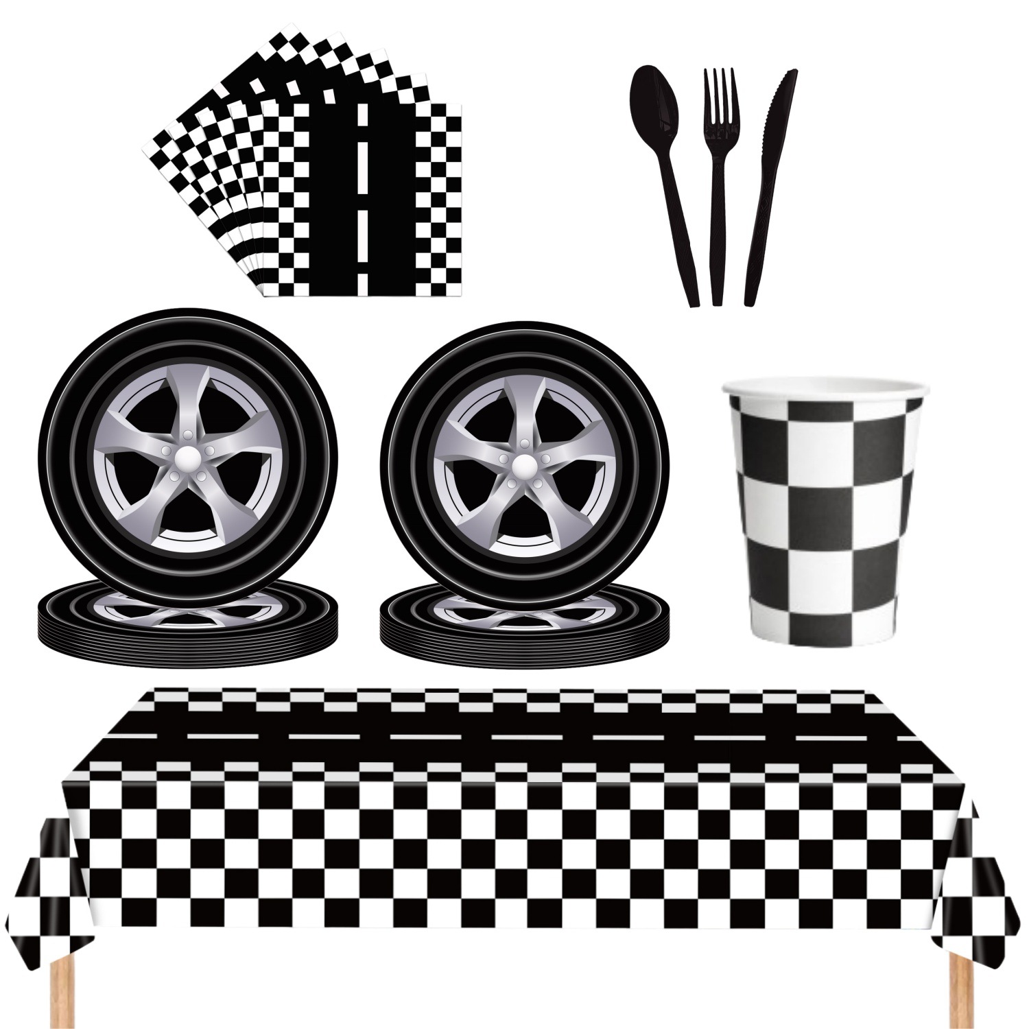 Black and White Tire Theme Party Tableware Decoration Supplies Racing Disposable Kidsren's Birthday Competition Paper Plate Paper Cup Paper