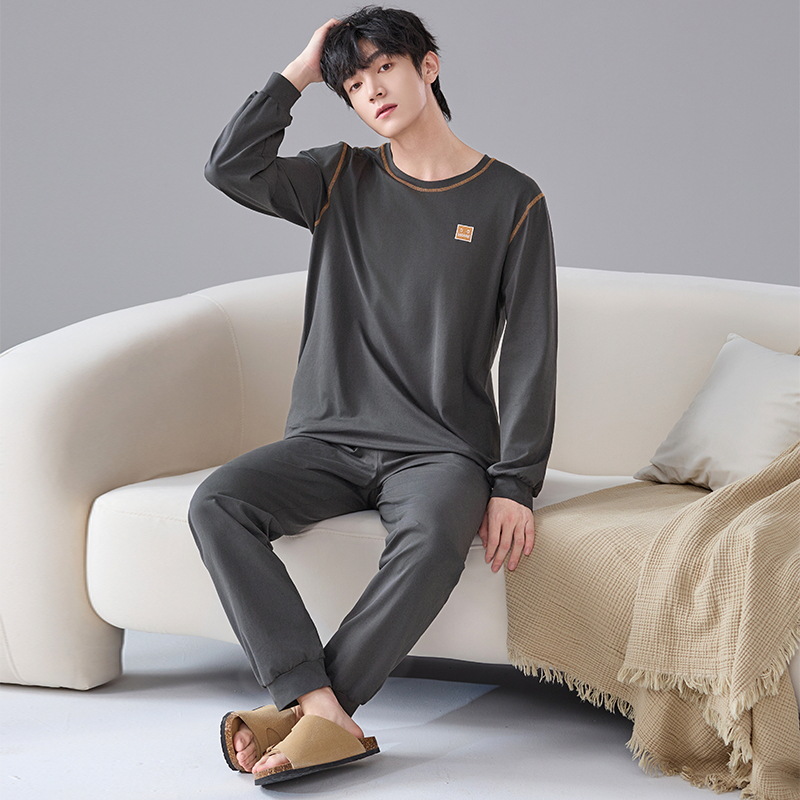 Pijamas de algodón de manga larga para hombres primavera y otoño ocio simple algodón 2024 nuevo conjunto de ropa de hogar de cuello redondo juvenil