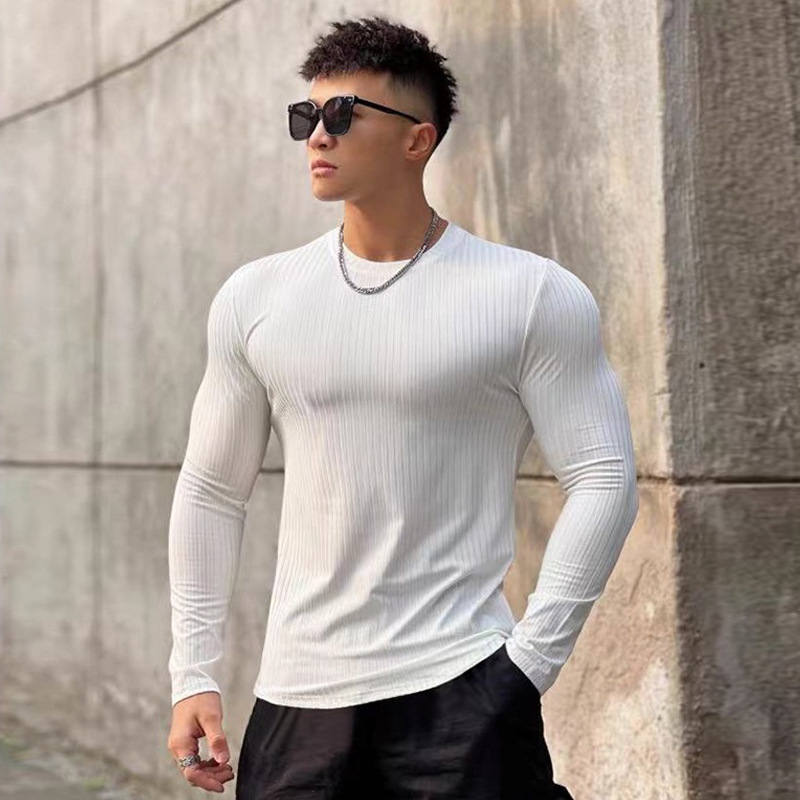 Deportes al aire libre camiseta de los hombres de secado rápido transpirable SLIM-Fit manga larga moda cuello redondo correr ropa de entrenamiento alto elástico Otoño e Invierno