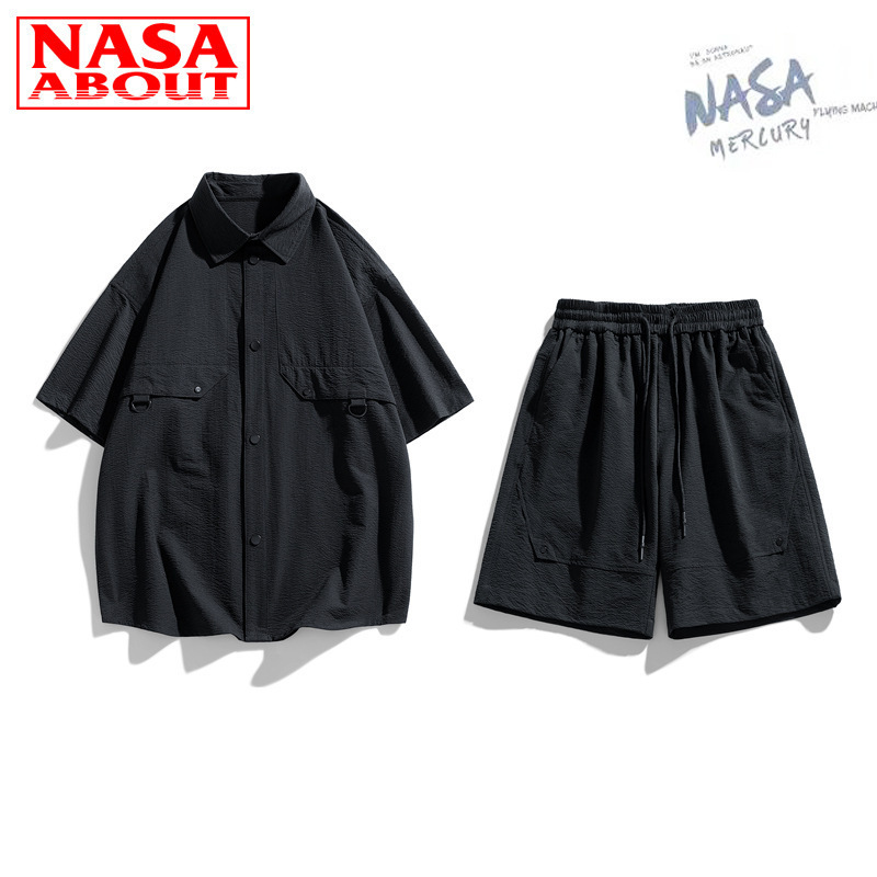 Camiseta deportiva de marca conjunta, camiseta casual, manga corta, pantalones cortos de verano de dos piezas, marca de moda, solapa suelta, hombre