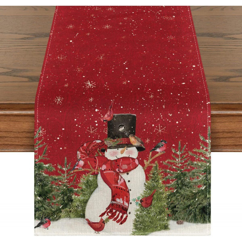 Camino de mesa navideño con estampado de muñeco de nieve y Santa