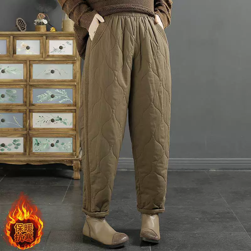 新款夹棉裤松紧腰百搭加厚保暖棉裤文艺拼接宽松百搭加厚保暖棉裤