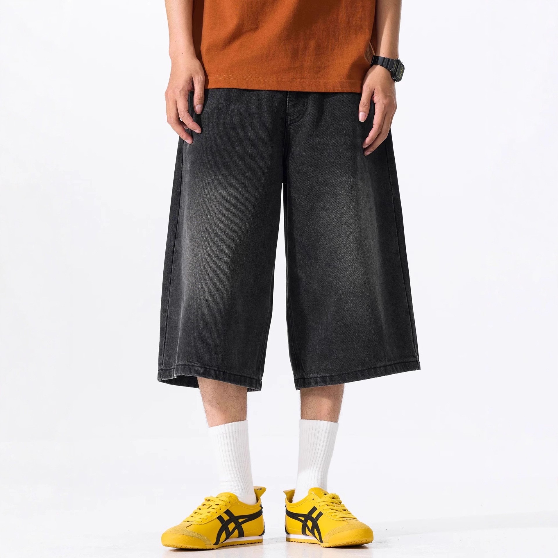 Summer Trendy Brand Shorts American Washed Retro Denim Cropped Pants for Men and Women Loose Straight Wide Leg Mid-Pants Trendy