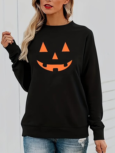 European Station Bestselling Women's Pumpkin Print Long Sleeve Halloween Sweatshirt T-Shirt Top Pumpkin Pattern Halloween Trend