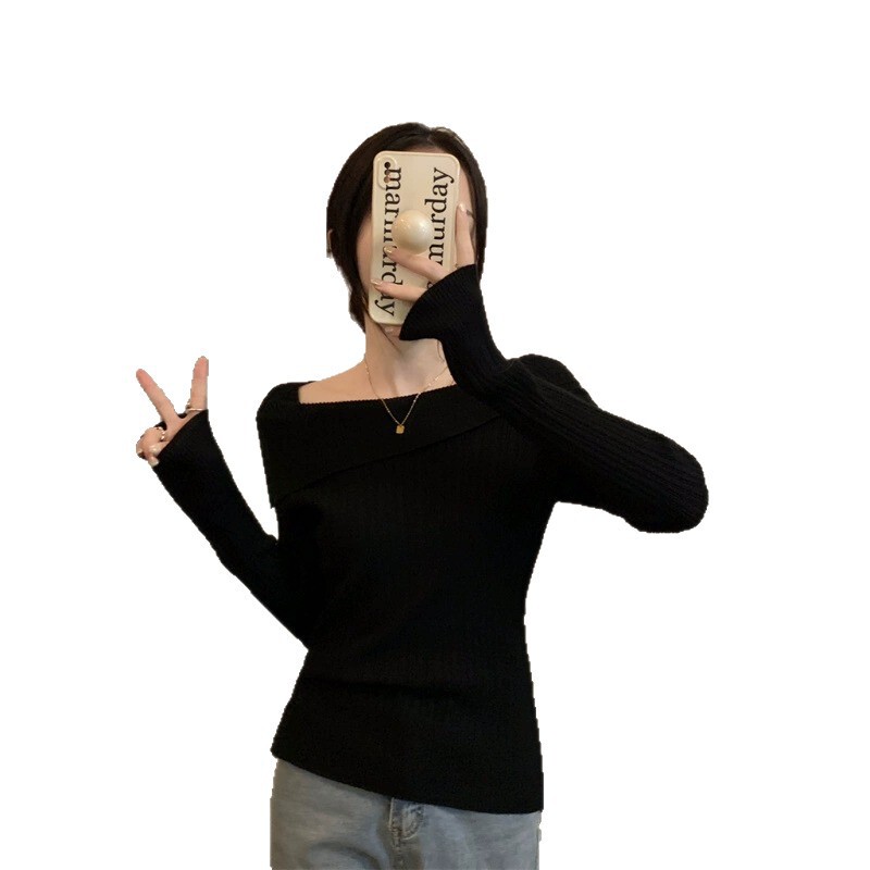 一字肩针织打底衫女2025春秋不规则内搭法式高腰正肩锁骨长袖上衣|undefined