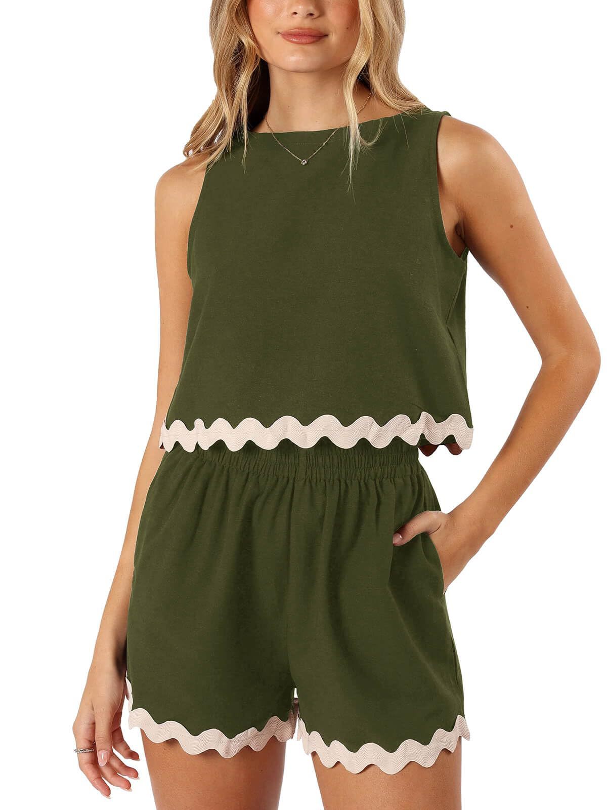 227g Weight Sleeveless Sleeve Length Linen, Lace Fabric Type Shorts Pants Type Shorts Co-ord Set Sets Type 2 Pieces Set Quantity Daily Occasion Round Neck Neckline Loose Fit Type Color Block, Waves Pattern Summer Season Women's Gender Casual Style Lace Craft Daily Women's Casual Color Block Waves Linen Lace Shorts Co-ord Set Shorts Shorts Sets 10