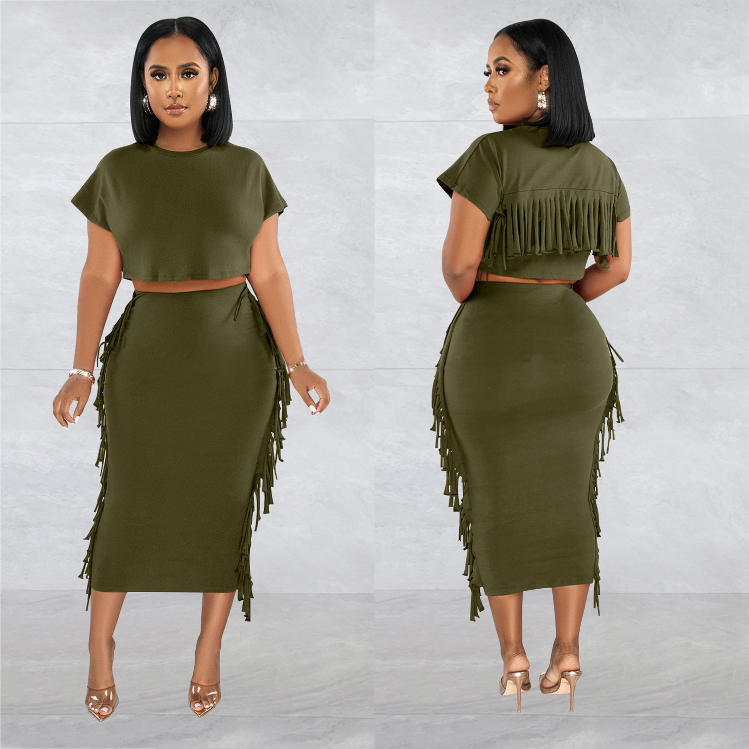 X6331 transfronterizo AliExpress Amazon ropa de mujer de moda europea y americana borla de color sólido cuello redondo Vestido de manga corta conjunto de dos piezas