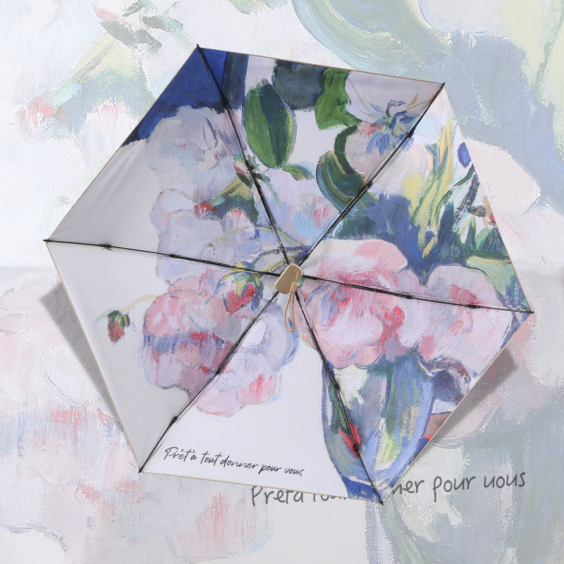 Small and Portable Sun Umbrella for Both Rain and Shine, Sun Protection and Uv Protection, Foldable Hand-Painted Illustration, High-End Literary Umbrella