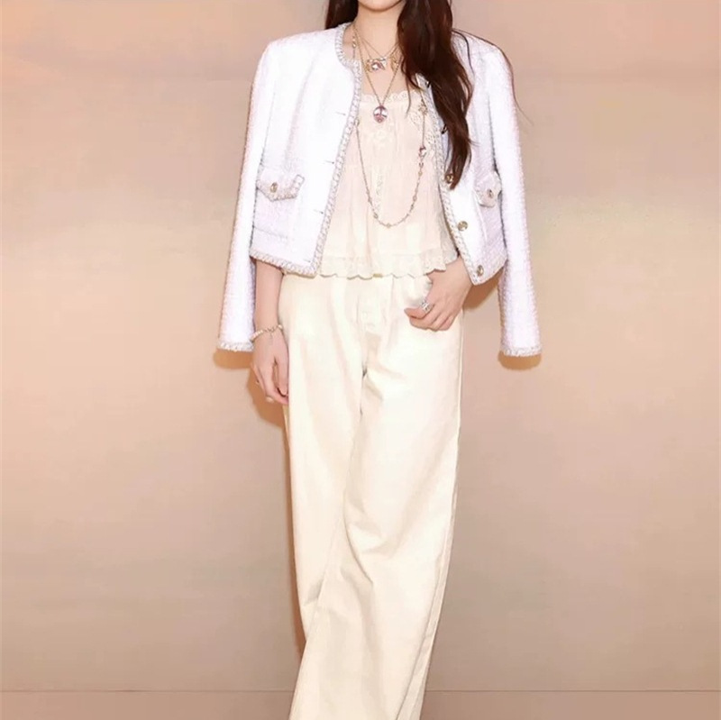 25 Autumn and Winter European and American Fashion Simple and Gentle Elegant Work Clothing White Versatile Tweed Small Fragrance Jacket for Women