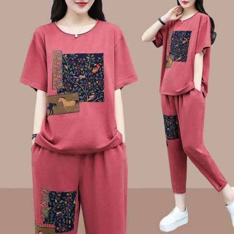 Women's Summer 2026 New Korean Style Plus Size Printed Short-Sleeve Top Casual Loose Slimming Two-Piece Set Trendy Women's Summer 2026 New Korean Style Plus Size Printed Short-Sleeve Top Casual Loose Slimming Two-Piece Set Trendy