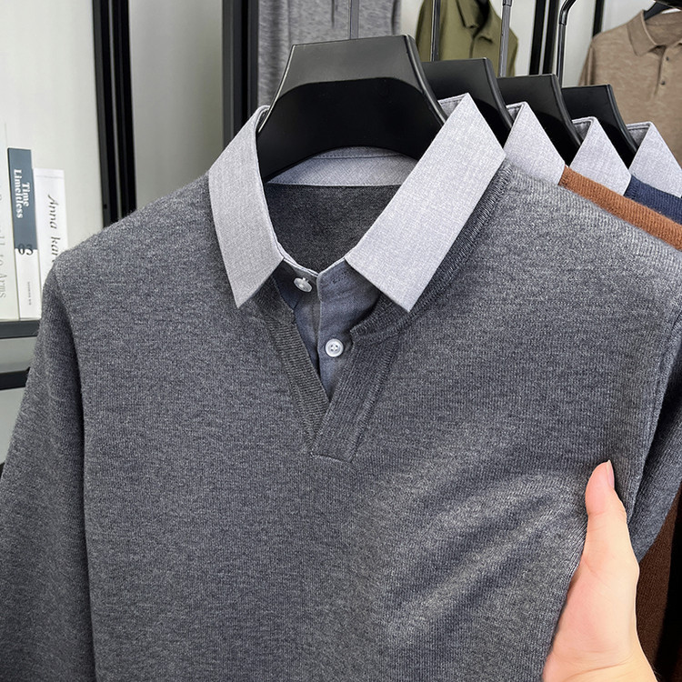 Primavera y otoño con solapa de manga larga de hombre base popular camiseta de punto de hombre falsa dos piezas de chaqueta simple suéter casual suelto