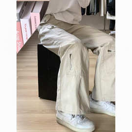 复古设计感多口袋微喇工装裤女小个子高腰直筒微喇叭休闲牛仔裤潮
