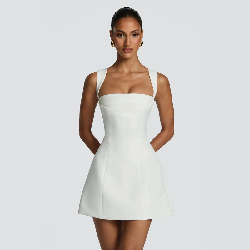 European and American Style White Square-Neck Wide-Strap Waist-Cinching A-Line Dress, Elegant and Slimming Short Dress for Birthday or Date European and American Style White Square-Neck Wide-Strap Waist-Cinching A-Line Dress, Elegant and Slimming Short Dress for Birthday or Date