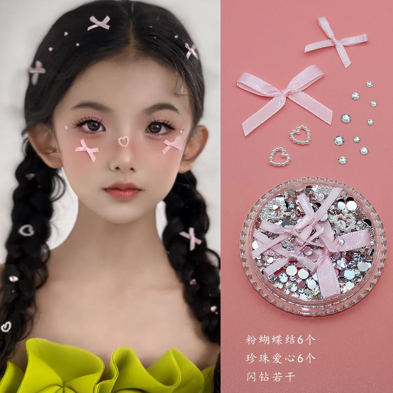 Children's Pink Bow Love Rhinestone Christmas Sticker Face Ribbon Face Eye Embellishment Portrait Makeup Sequins