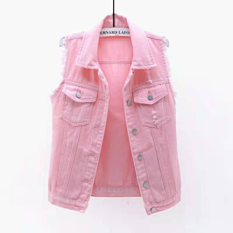 D2V Multi-Color Denim Vest Women's Short Fashion Spring and Summer Versatile Slim Fit Raw Edge Sleeveless Jacket with Holes