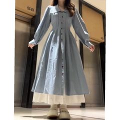 秋季新款法式气质翻领单排扣衬衫连衣裙女学生+镂空半身裙两件套