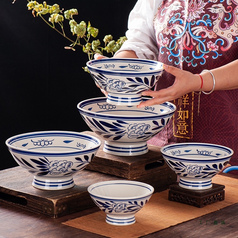 复古土陶牛肉拉面碗中式手绘青花高脚加厚防烫泡面碗特色大号面碗