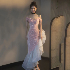 Pink off-the-shoulder wedding dress, fishtail toasting gown, 2025 new arrival&mdash;perfect for petite bridesmaids and hosts at annual company parties.