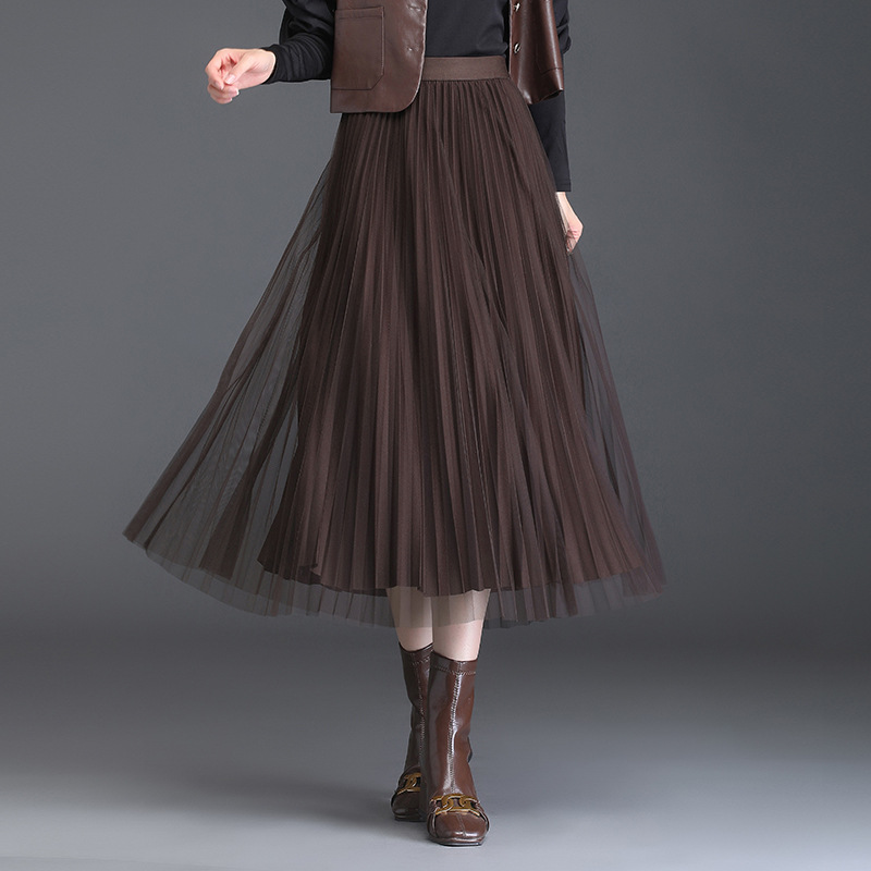 Solid Color Foreign Style All-match Double-sided Mesh Stitching Pleated Skirt Women's 2024 Autumn and Winter New High Waist Slimming Skirt