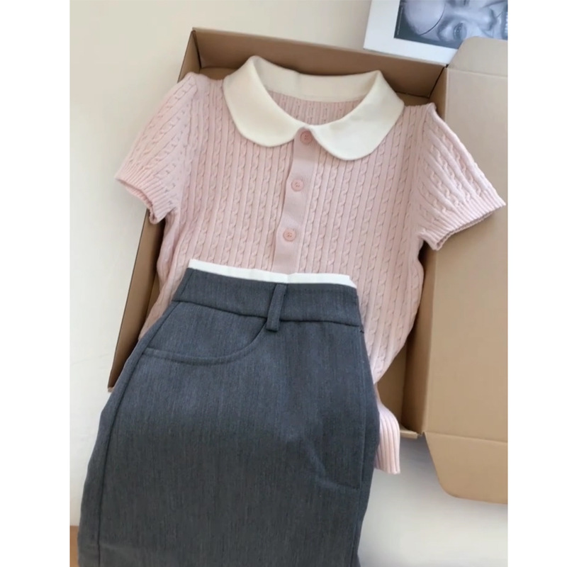French Sweet and Gentle Pink Doll Collar Knitted Short-sleeved T-shirt Women's Summer New Slim-fit Skinny Elegant Top