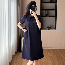 藏蓝色休闲宽松显瘦大码女装胖阔太太妈妈装短袖连衣裙夏季新款