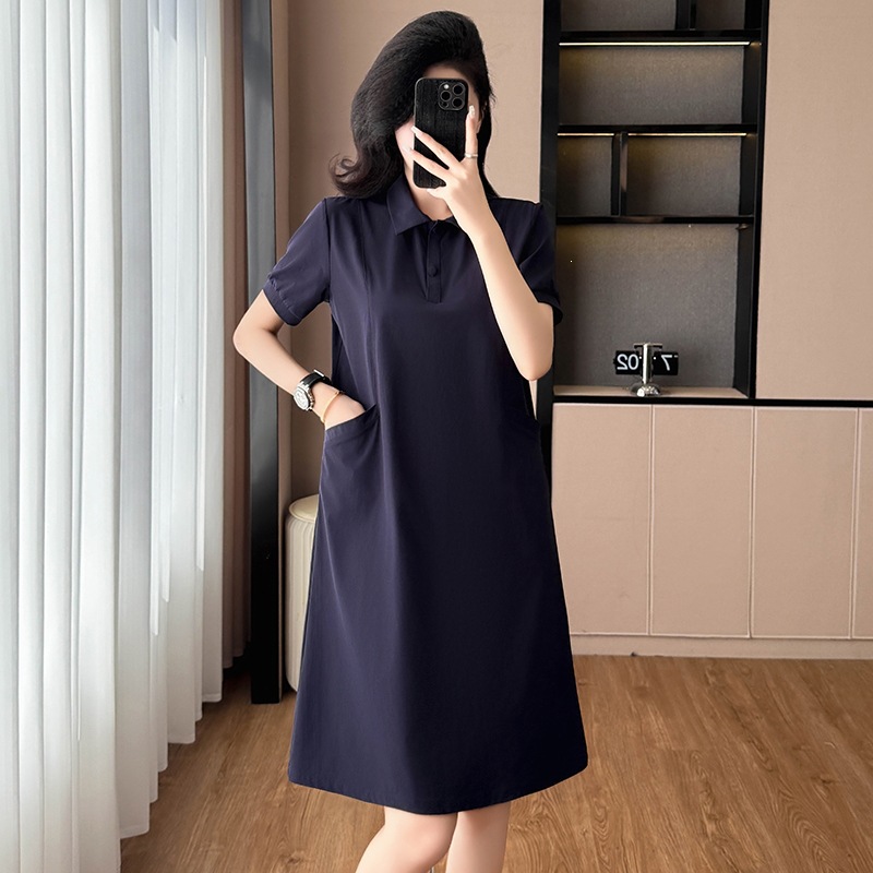藏蓝色休闲宽松显瘦大码女装胖阔太太妈妈装短袖连衣裙夏季新款