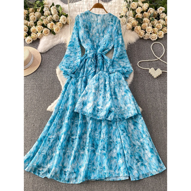 Women's French Style Chiffon Floral Print Dress Summer Korean Tie Waist Long Sleeve Slimming Maxi Dress Perfect With Leggings_ecoleips.com