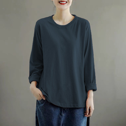 This year's popular belly cover small shirt spring and autumn versatile literary large size casual long-sleeved undershirt loose t-shirt for women 