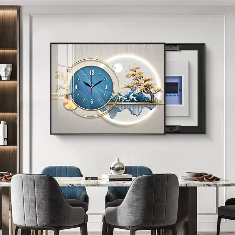 北欧轻奢电表箱装饰画带钟表新款弱电箱遮挡时钟免打孔开关盒挂画