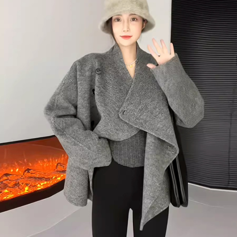 欧美跨境亚马逊灰色毛呢子大衣秋冬韩版赫本风小个子短款毛呢外套|undefined