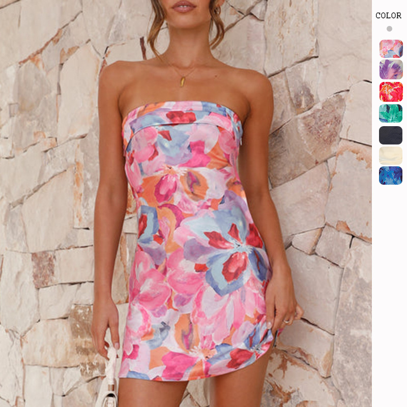 2025 Summer New Amazon Cross-border European and American Sexy Strapless Backless Floral Printed Skirt dress