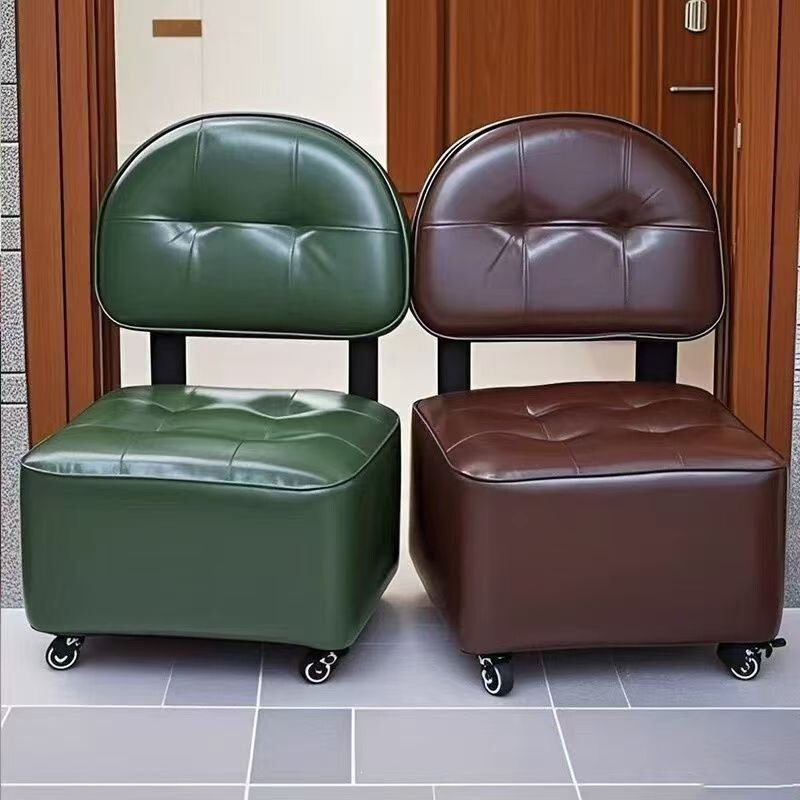 Trendy Sliding Chair for Living Room, Wooden Low Stool, Leisure Chair with Backrest, Sliding Shoe-Changing Stool for Entryway