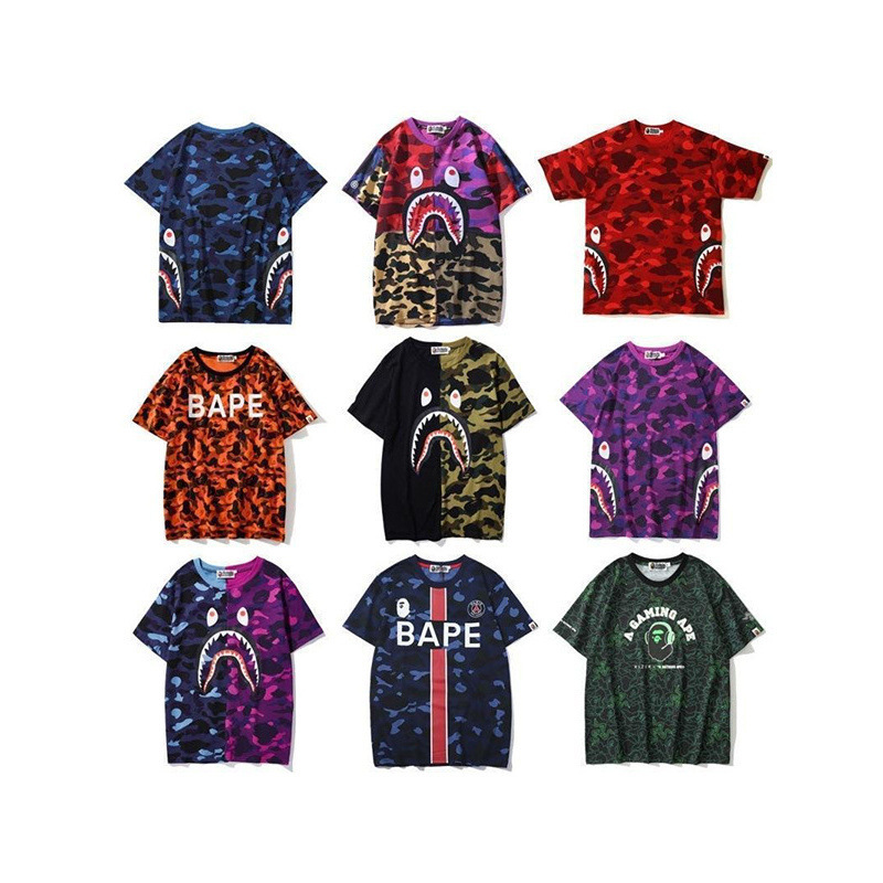 Cross-Border Shark Fashion Brand Bape Shark Head Camouflage T-Shirt for Men and Women with Camouflage Letter Print Classic Multi-Color Loose Fit Cross-Border Shark Fashion Brand Bape Shark Head Camouflage T-Shirt for Men and Women with Camouflage Letter Print Classic Multi-Color Loose Fit