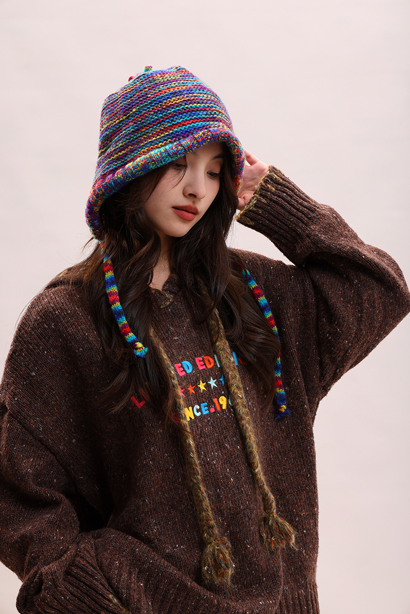 Cappelli di lana autunnali e invernali per bambini, colori arcobaleno a contrasto per mettere in mostra il viso, piccola borsa con testa carina legata con corda_voghion.com