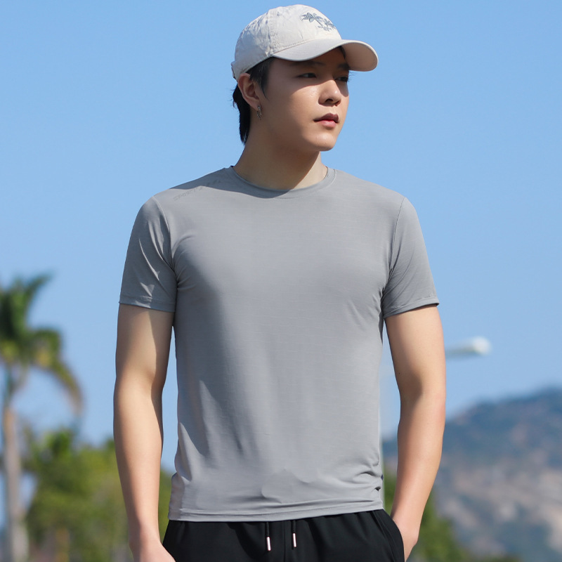 High-End Ice Silk Round Neck Short-Sleeved T-Shirt, Loose Large Size, Fashionable Elastic Casual Sports Quick-Drying Running T-Shirt