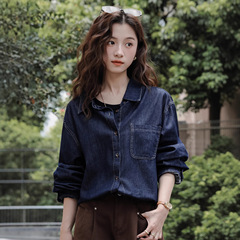 实拍 港风复古别致翻领长袖牛仔衬衫女2025秋季气质休闲叠穿衬衣