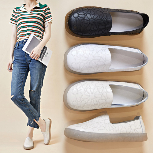 Soft-soled genuine leather new tendon-soled women's shoes retro embroidered slip-on nurse pregnant mother shoes casual white