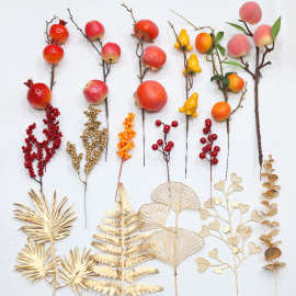 小插仿真花冬青扇叶尤加利柿子石榴橘子桃子福桶年宵花环礼盒插花