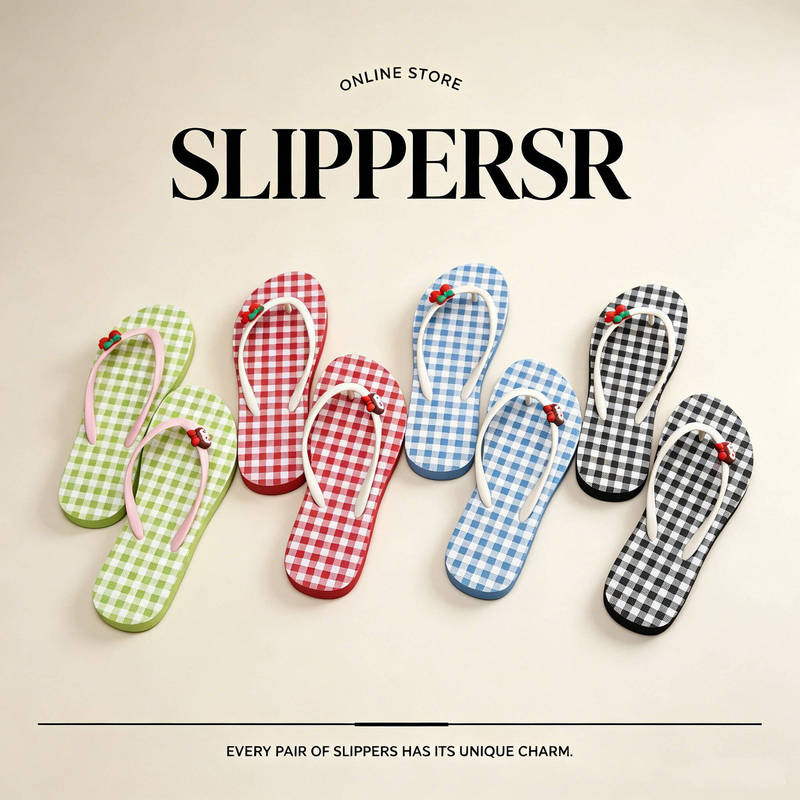 Cute plaid cartoon flip-flops for women for summer seaside vacations, non-slip flat-soled casual and elegant style for outdoor wear Cute plaid cartoon flip-flops for women for summer seaside vacations, non-slip flat-soled casual and elegant style for outdoor wear