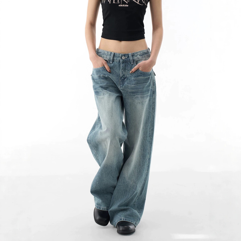 Light Blue Washed Denim Straight Wide-Leg Pants with Whiskered Effects, American Retro Low-Waist Loose Fit, Slimming Floor-Length Pants Light Blue Washed Denim Straight Wide-Leg Pants with Whiskered Effects, American Retro Low-Waist Loose Fit, Slimming Floor-Length Pants