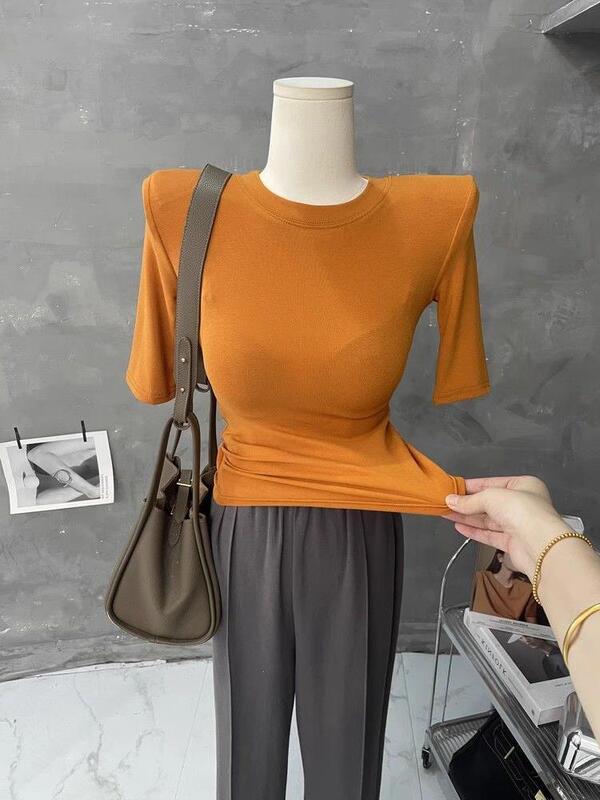 Good to wear ~ basic shoulder pad sleeve T-shirt women's crew neck top five sleeve tight bottoming shirt slim inside summer
