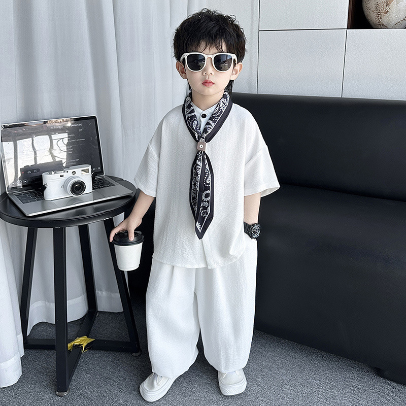 童装男童夏季套装2025新款儿童白色短袖衣服男宝宝夏装帅气衬衫潮|undefined
