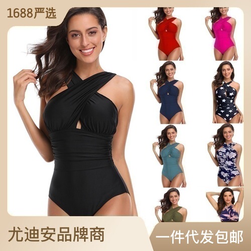 Amazon's new European and American one-piece swimsuit for women, cross push-up tummy control swimsuit купальник